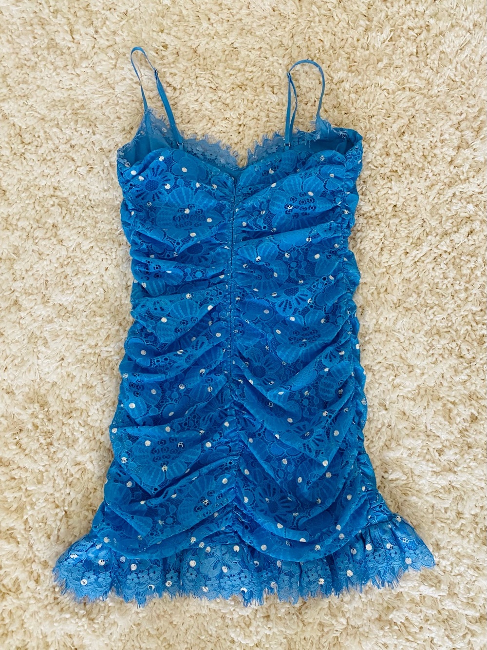 For Love and Lemons Samira Blue with White Polka Dot Lace Ruched Mini Dress - Picture 3 of 5
